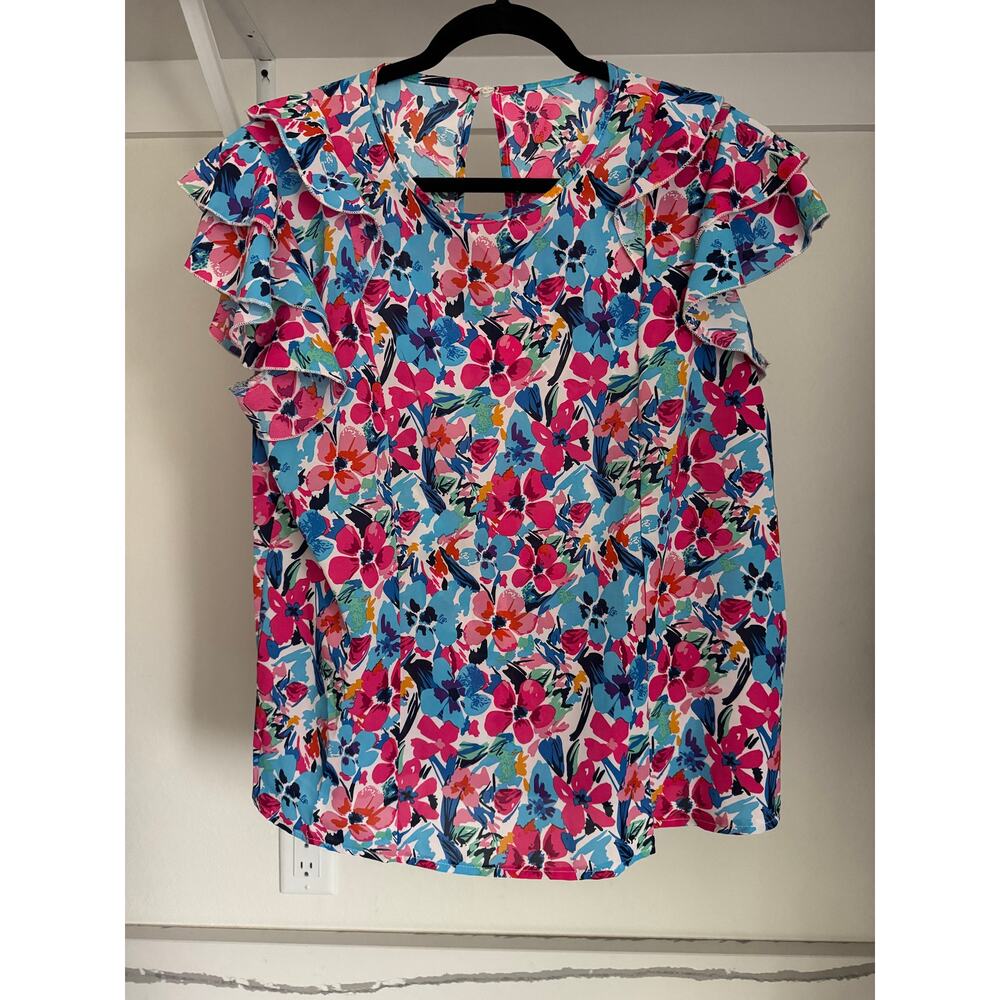 Women's Floral Blouse Cap Ruffle Sleeve Size XL Shein‎